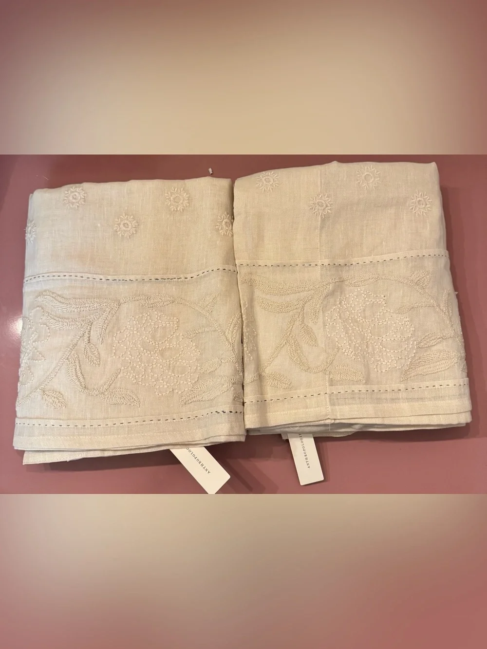 Anthropologie Manette Embroidered Cotton Linen Sheer Curtain, Neutral, 2 Panels